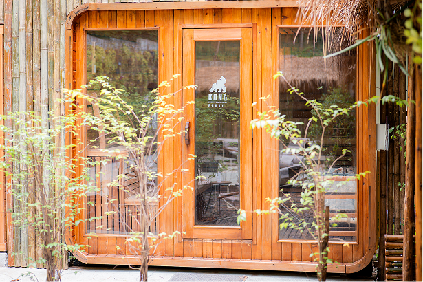 Bamboo-framed sauna entry doors